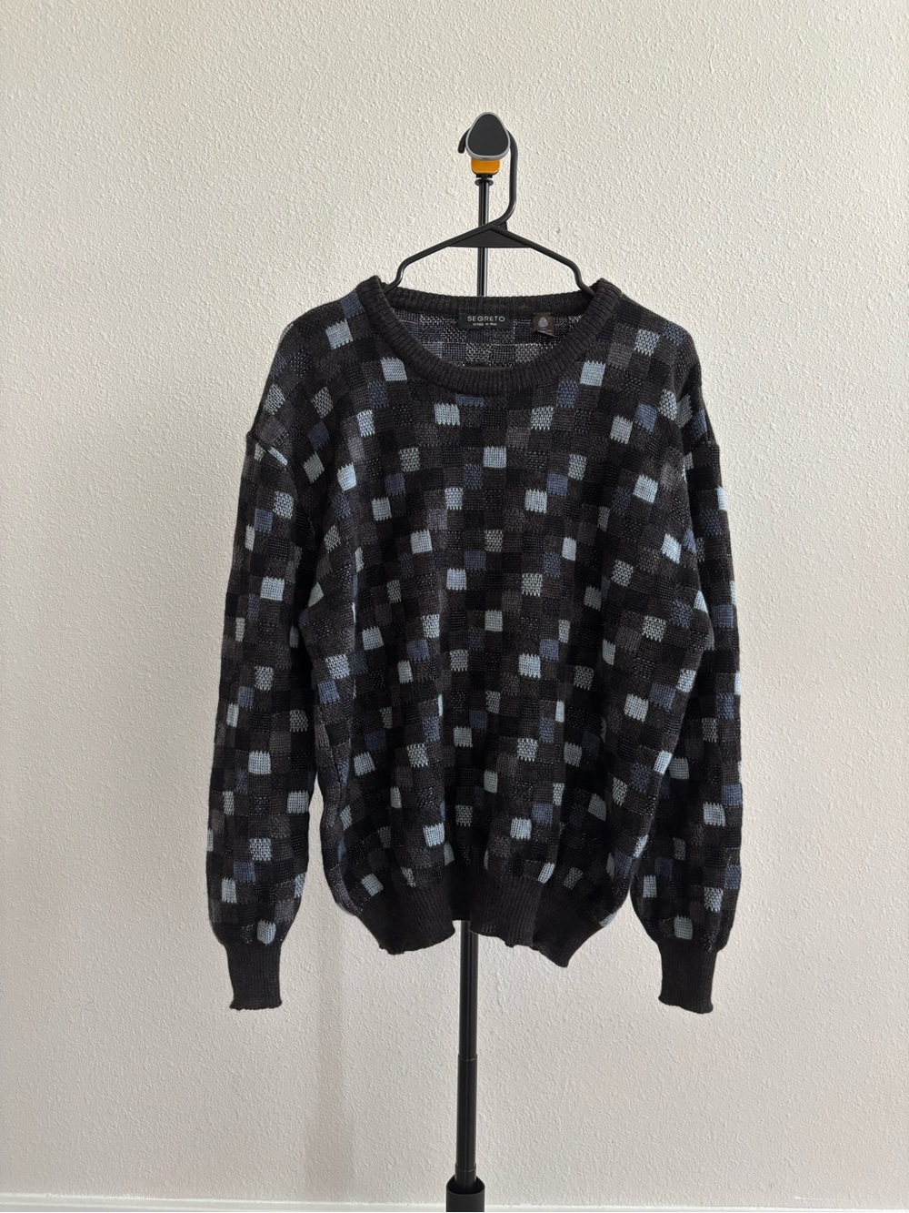 Vintage Wool Sweater Segreto Mens Sz L Checkered Grandpa Style Italy Woolmark